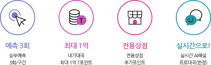 승부예측 3회/구간, 내기대국 최대 1억T포인트, 전용상점 추가포인트, 실시간 AI해설 프로대국(한정)